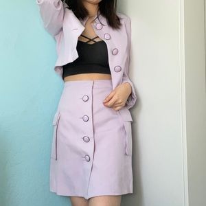 vintage versace medusa pastel purple cropped blazer and button up skirt set 38